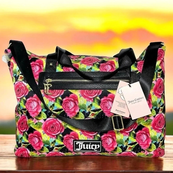 Juicy Couture Black Multi Rose Print Overnight Weekender Duffle Travel Bag - Picture 3 of 12